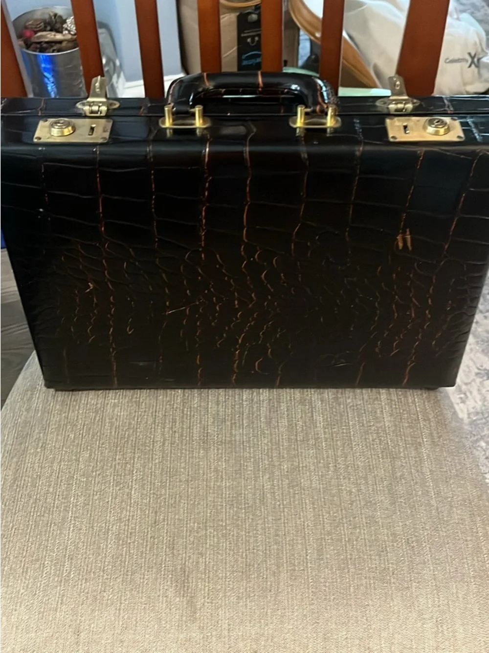 Croc-Embossed Black Briefcase with Gold Hardware and Top Handle